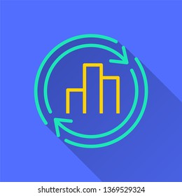 Data analysis vector icon with long shadow. Simple illustration isolated on blue background for graphic and web design.