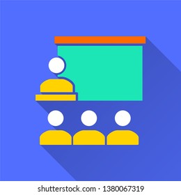 Data analysis vector icon with long shadow. Simple illustration isolated on blue background for graphic and web design.