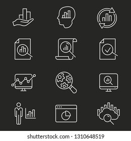 Data analysis vector icon set. White illustration isolated on black background for graphic and web design.