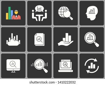 Data analysis vector icon set. White illustration isolated on black background for graphic and web design.