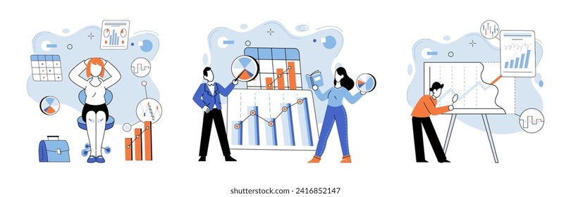 Análisis de datos. Ilustración vectorial. El análisis permite a las organizaciones tomar decisiones basadas en datos y optimizar los procesos del negocio. El sector bancario depende del análisis de datos para detectar fraudes