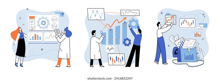 Análisis de datos. Ilustración vectorial. El comercio empresarial está impulsado cada vez más por los datos y el análisis para obtener ventajas competitivas El control de la calidad de los datos es esencial para un análisis y una decisión precisos