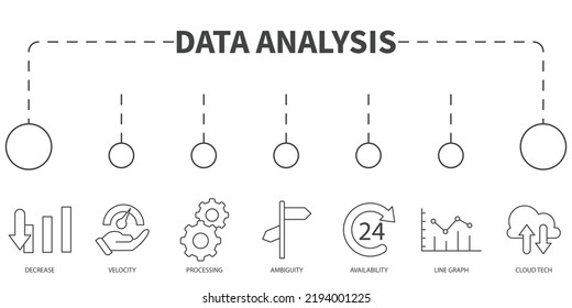 Datenanalyse Vektor Illustration Konzept. Banner mit Symbolen und Schlagwörtern. Datenanalyse-Symbol-Vektorelemente für Infografik-Web