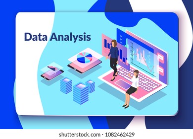 Data analysis vector illustration with isometric people, laptop, smartphone, tablet, graphs. Business concept of working process. Presentation of information analytics using technology and software