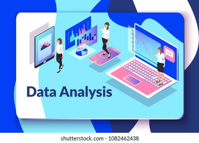 Data analysis vector illustration with isometric people, laptop, smartphone, tablet, graphs. Business concept of working process. Presentation of information analytics using technology and software