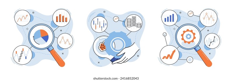 Data analysis. Vector illustration. Market research and analytics are essential for understanding consumer behavior and trends Marketing analytics helps businesses optimize their marketing strategies