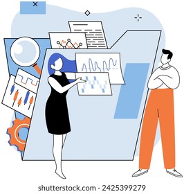 Data analysis. Vector illustration. Marketing analytics helps businesses optimize their marketing strategies for better results Money management relies on data analysis to assess financial performance