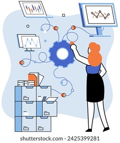 Data analysis. Vector illustration. Money management relies on data analysis to assess financial performance and make informed investments Continuous monitoring data ensures accuracy and reliability