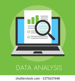 Data analysis vector illustration with paper and laptop symbol.