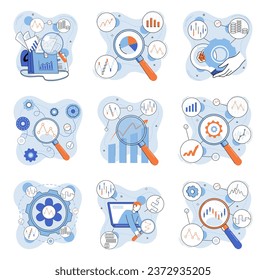 Data analysis. Vector illustration. Profit analysis helps businesses evaluate their financial performance and identify areas for growth Data analysis reports provide comprehensive overview key