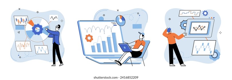 Data analysis. Vector illustration. Statistics play vital role in data analysis, providing quantitative measures and insights The stock market heavily relies on data analysis to inform investment