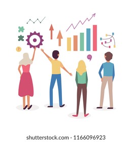 Data analysis vector illustration with team of young people standing with their back before charts and graphics and discussing them in flat style isolated on white background.