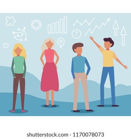Data analysis vector illustration with team of young people standing with business charts and graphics behind and discussing them in flat style isolated on white background.