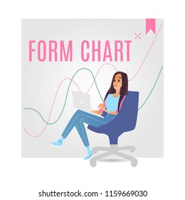 Data analysis vector illustration with young girl sitting on office chair with laptop near big digital chart in cartoon style isolated on white background for business analytics information concept.