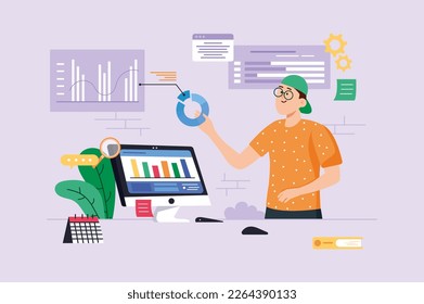 Data analysis violet background concept with people scene in the flat cartoon design. Man analyzes data and information presented in tables and diagrams. Vector illustration.