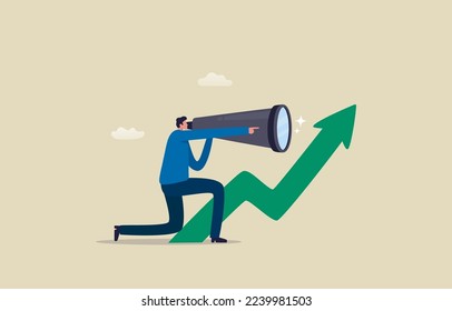 Data Analysis. Vision for stock market. Investment predictions. Businessman looking through binoculars to see stock price. Illustration