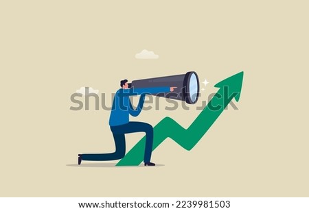 Data Analysis. Vision for stock market. Investment predictions. Businessman looking through binoculars to see stock price. Illustration