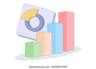 Datenanalyse. Datenvisualisierung. Geschäftswachstum, Finanzanalyse, Balkendiagramm, Aufwärtstrend, Lupe mit Balkendiagramm. flache Designgrafik auf Hintergrund.