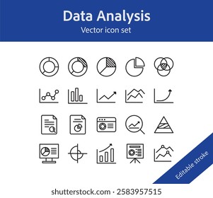 Data analysis, data visualization, business insight, marketing strategy, infographics, chart, presentation, trend, diagram vector icon set. Vector illustration 