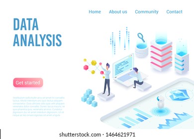 Datenanalyse und Visualisierung isometrischer Landing Page Vektorillustration Vorlage. Big Data, Statistik, Webanalyse und Webseitendesign. Programmierung, 3D-Konzeptgrafik der IT-Branche