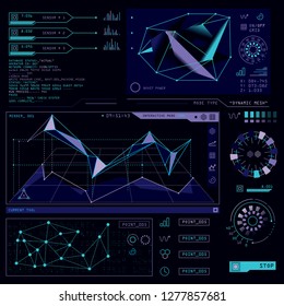 Data analysis visualization on dark holographic screen. Sci-fi GUI template. Vector