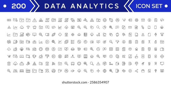 Data analysis web icon set in line style. business intelligence, data mining, Containing database, computing, data processing, research network collection, statistics, analytics, performance