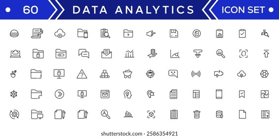Data analysis web icon set in line style. business intelligence, data mining, Containing database, computing, data processing, research network collection, statistics, analytics, performance