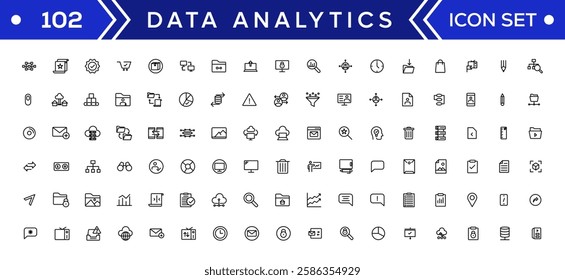Data analysis web icon set in line style. business intelligence, data mining, Containing database, computing, data processing, research network collection, statistics, analytics, performance