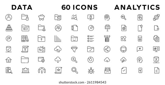 Data analysis web icon set in line style. business intelligence, data mining, Containing database, computing, data processing, research network collection