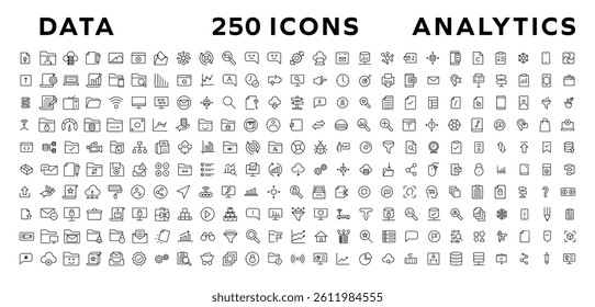 Data analysis web icon set in line style. business intelligence, data mining, Containing database, computing, data processing, research network collection