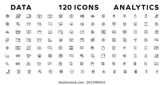 Data analysis web icon set in line style. business intelligence, data mining, Containing database, computing, data processing, research network collection