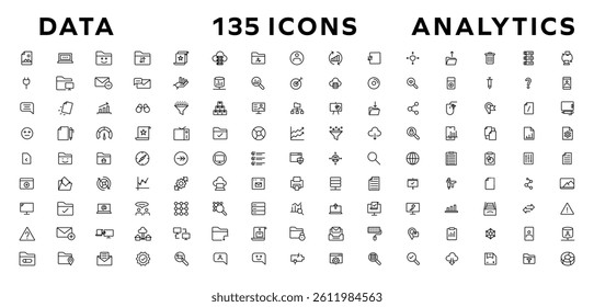 Data analysis web icon set in line style. business intelligence, data mining, Containing database, computing, data processing, research network collection