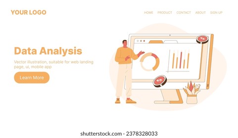 Data Analysis. Web Landing Page Design. Flat Cartoon Vector Illustration. Vector illustration, suitable for web landing page, ui, mobile app