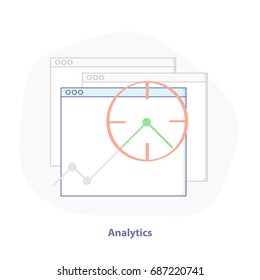 Data analysis, website analytics illustration concept. Web browser window with a graph and a sight. Business theme, flat line icon design for web and mobile design.