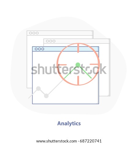 Data analysis, website analytics illustration concept. Web browser window with a graph and a sight. Business theme, flat line icon design for web and mobile design.
