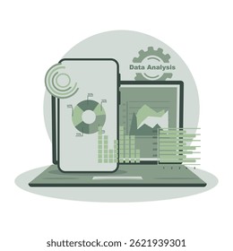 Data Analysis for website and mobile website. A modern data analysis interface with graphical representations like pie charts and bar graphs, emphasizing technology, analytics, and business insights. 