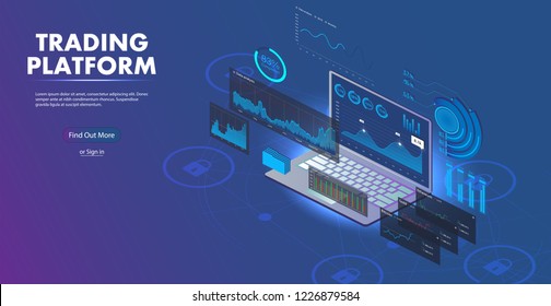 Data Analysis for website. Online Statistics and Analysis digital money market.  Landing page template. 3D Isometric illustration.  Data Statistics concept. Vector 3D isometric