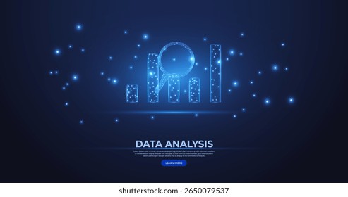 Data analysis wireframe low poly wireframe vector illustration. The concept of analyzing data. Bar chart with magnifying glass glittering on dark blue background. good for website or landing page.
