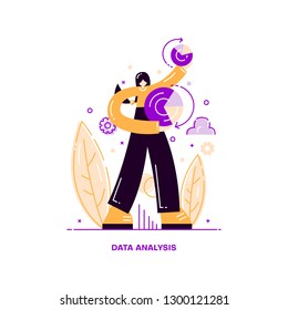 Data analysis. Woman studying charts and graphs. Website banner. White banner