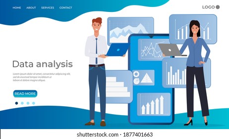 Análisis de datos.Una mujer joven y un hombre estudian datos junto a un smartphone.Concepto de transmisión de datos a través de Internet, análisis de datos e infografías.La plantilla de la página de inicio.