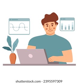 Data analysis.Cloud storage computing.Online database.Data science.Analyzing data on his laptop.Man remote work.Man working with big data and databases.Software developer.Programmer and monitors .