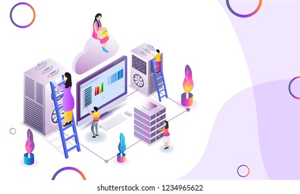 Data analyst analysis the stats, miniature people maintain the data on abstract background for Data management concept.