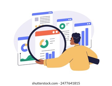 Analista de datos. Análisis de negocios, análisis gráfico y gráfico, concepto de estadística. Monitoreo y análisis del rendimiento digital con lupa. Ilustración vectorial plana aislada sobre fondo blanco