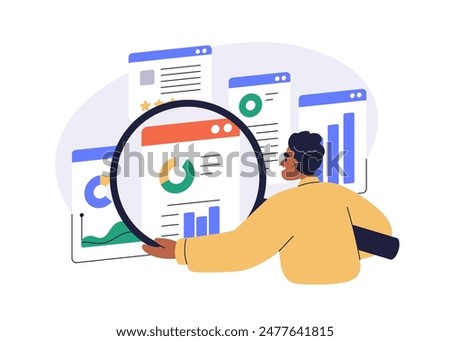 Data analyst. Business analysis, graph and charts analytics, statistics concept. Digital performance monitoring and analyzing with magnifier. Flat vector illustration isolated on white background