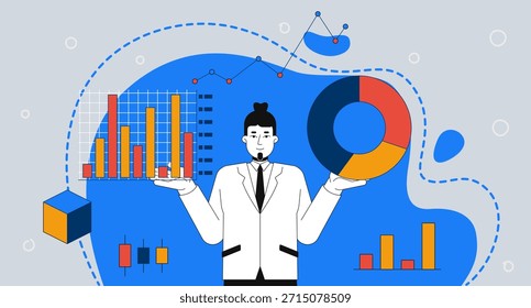 Analista de datos con gráficos de negocios Ilustración de medios mixtos 2D. Estadístico masculino caucásico que sostiene el arte conceptual del collage de la historieta de Barchart y Piechart Concepto plano de Vector sobre fondo de color