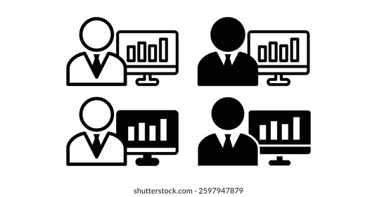 Data Analyst of Business Professionals with Charts on Computer Monitors Icons Black and White Vector Illustrations