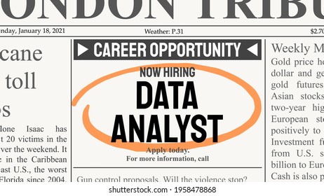 Data analyst career. Recruitment offer - job ad. Newspaper classified ad career opportunity.