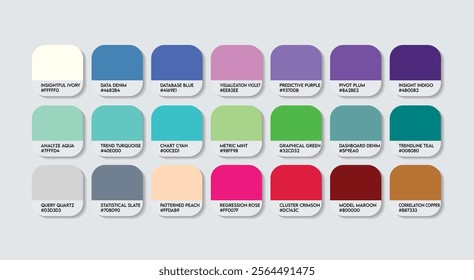 Data Analyst Color Guide Palette with Color Names. Catalog Sample Data Analysts with RGB HEX codes and Names. Colors Palette, management Data Analyst Color Palette, Fashion Trend Data Analyst Colors