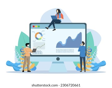 Concepto de Data Analyst, con equipo de negocios haciendo investigación estadística de big data, análisis de datos de investigación de mercado, informe financiero, web, tarjeta de introducción de aplicaciones, editorial, volante y banner, Ilustración vectorial.