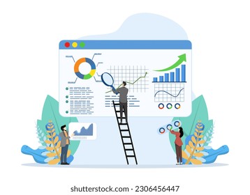 Data Analyst Konzept, Data Business-Team-Charaktere recherchieren große Datenstatistiken, analysieren Unternehmensdaten, UI, Web, App-Intro-Karte, redaktionell, Flyer und Banner, Flache Vektorgrafik.